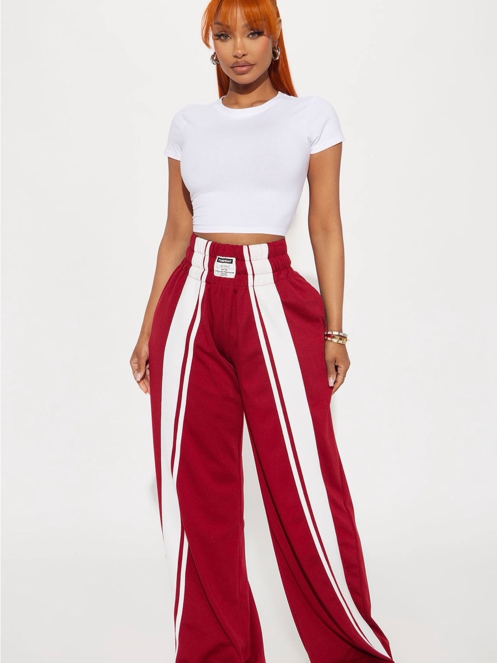 Women’s Red Wide-Leg Track Pants with White Stripes
